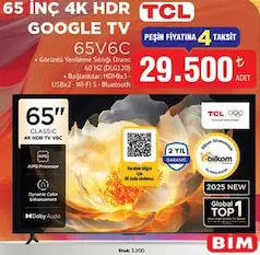 TCL 65V6C 65 İNÇ 4K HDR GOOGLE TV AKILLI TELEVİZYON fiyat ve kampanya bilgisi